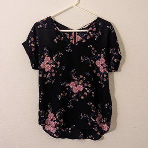 Hippie Rose Black Floral Print Blouse,V Neck, Pink Flower, Small, Back Zipper